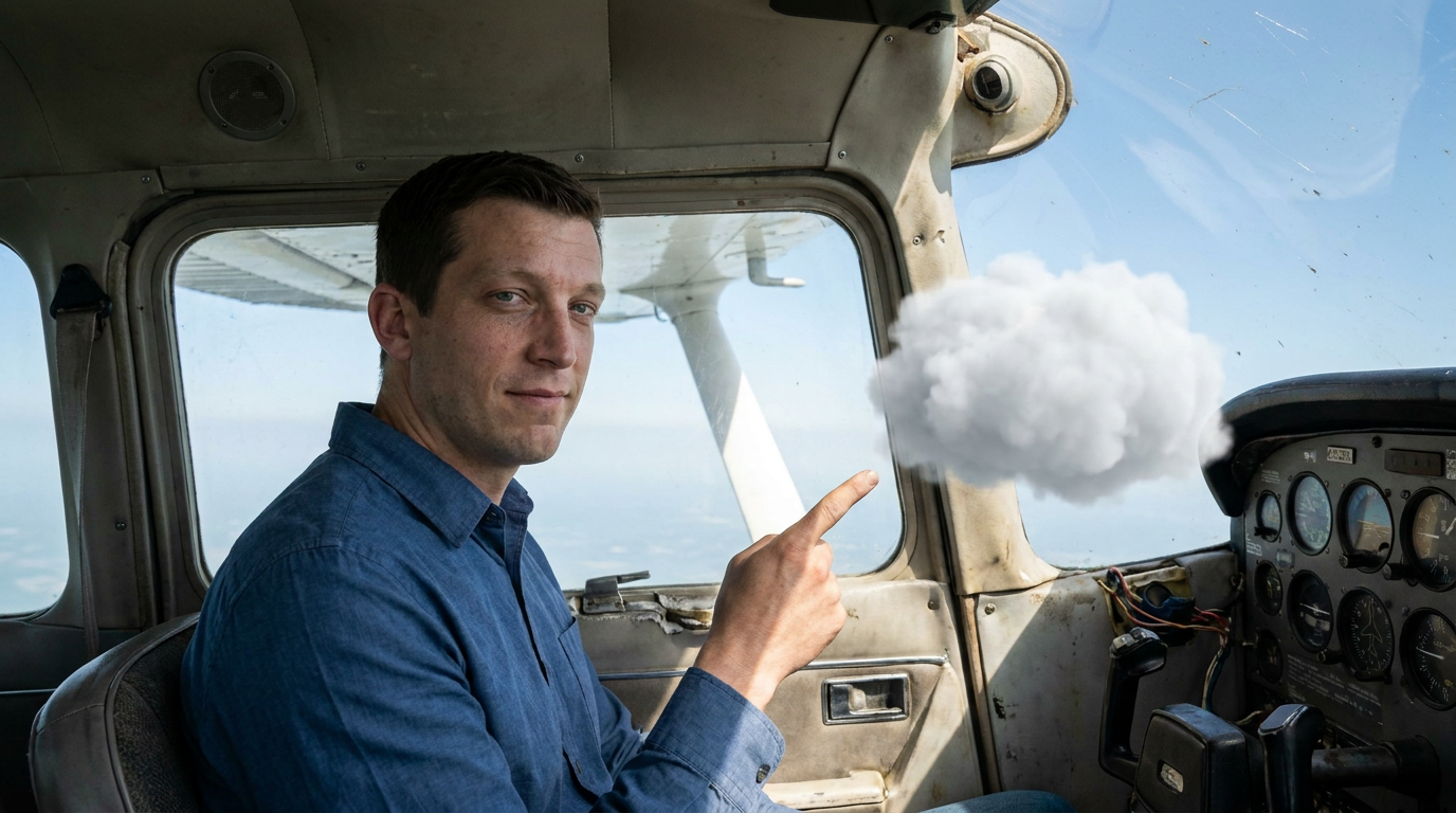 Mike flying a small airplane while a soft cloud remains near the cockpit window.
