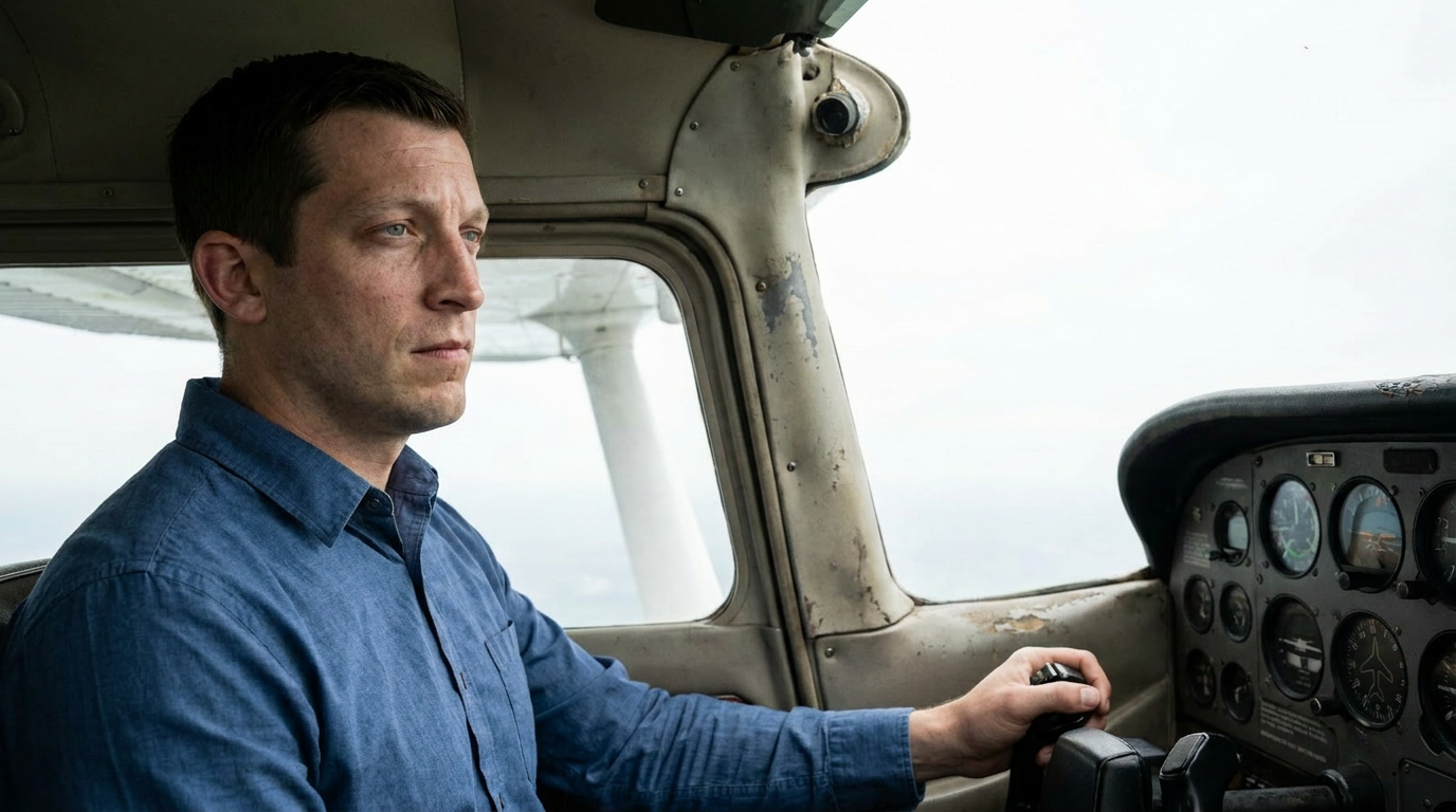 Mike in the pilot seat of a small airplane looking unsettled while pale sky surrounds the cockpit windows.