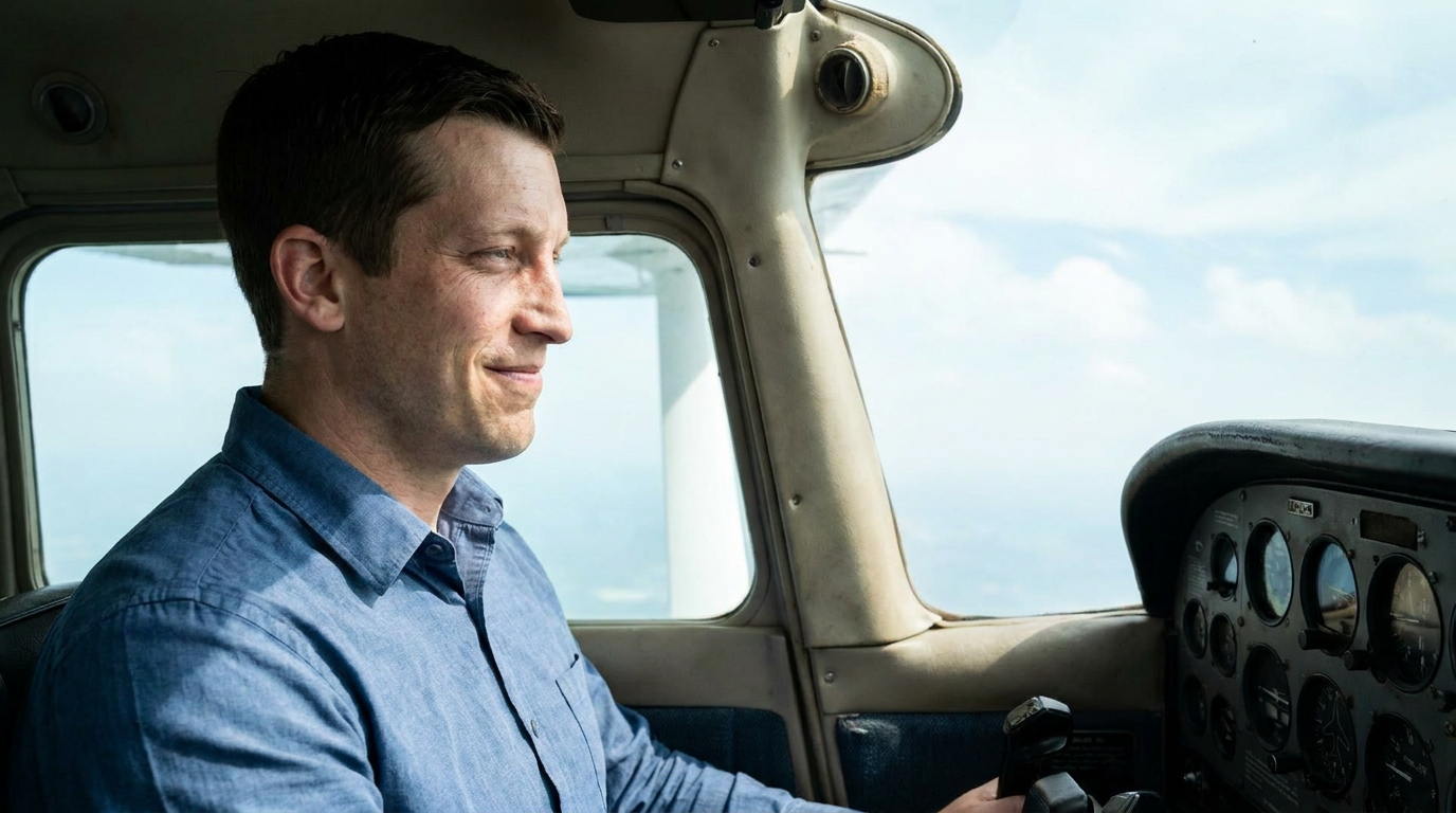 Mike piloting a small airplane while checking a right-side window that also contains pale sky.