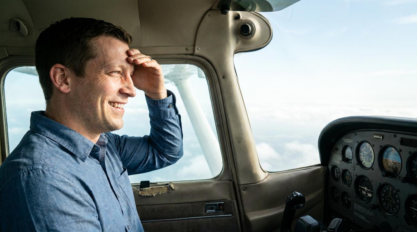 Mike in the pilot seat of a small airplane with bright sky glare through the cockpit window.