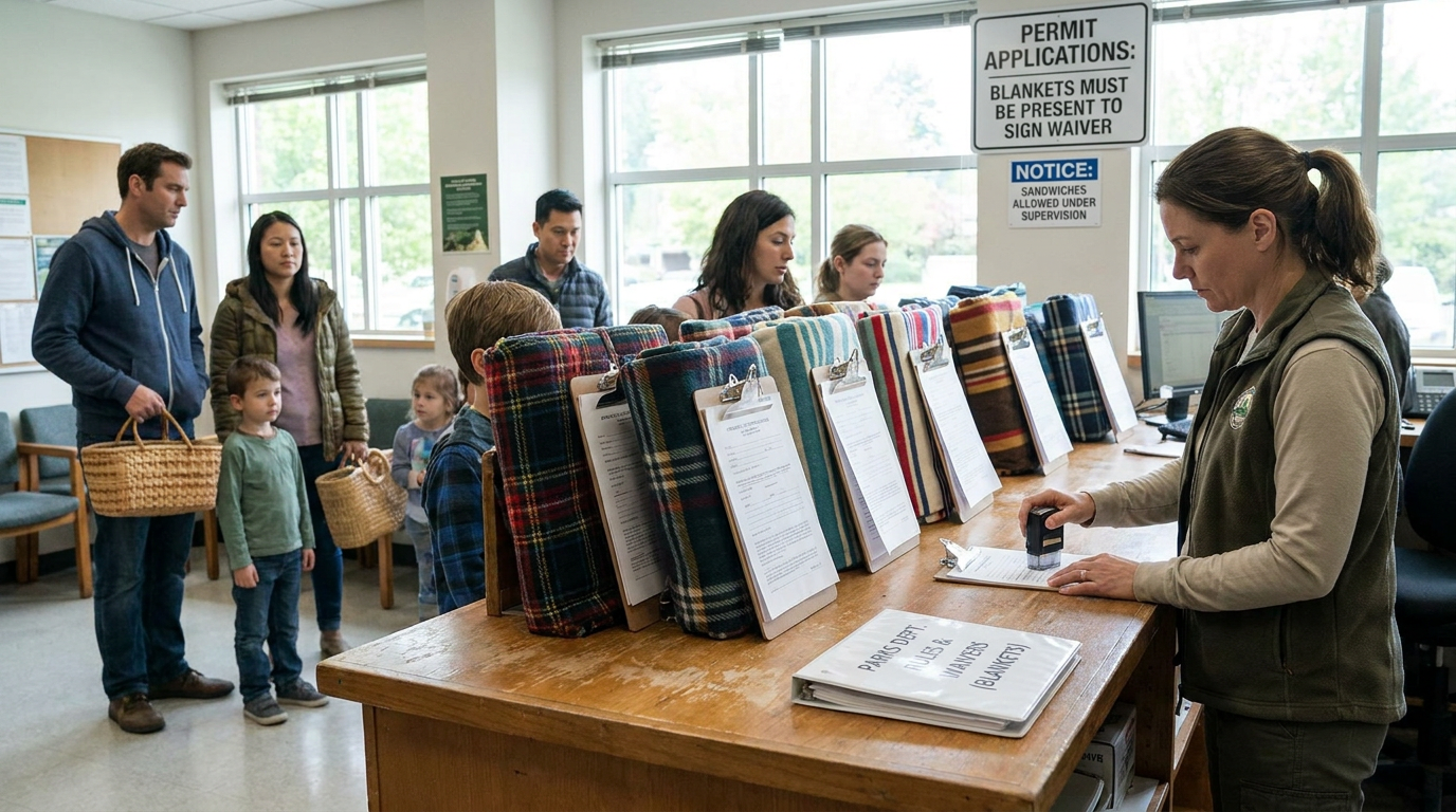 A parks employee reviews waiver forms with picnic blankets lined up at a permit counter.