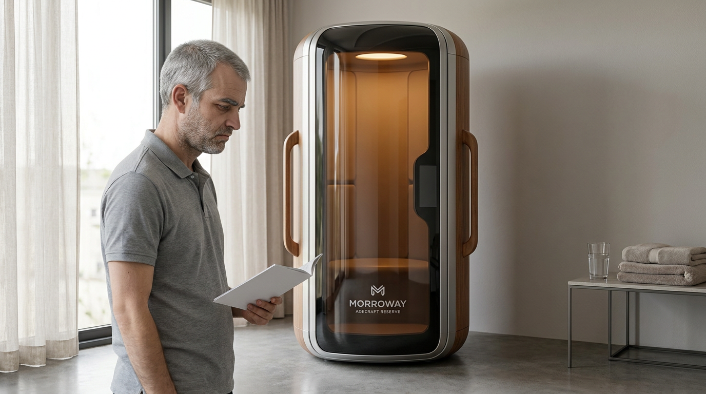 An elderly, upset-looking Doug stands beside a premium aging machine in a luxury wellness room.