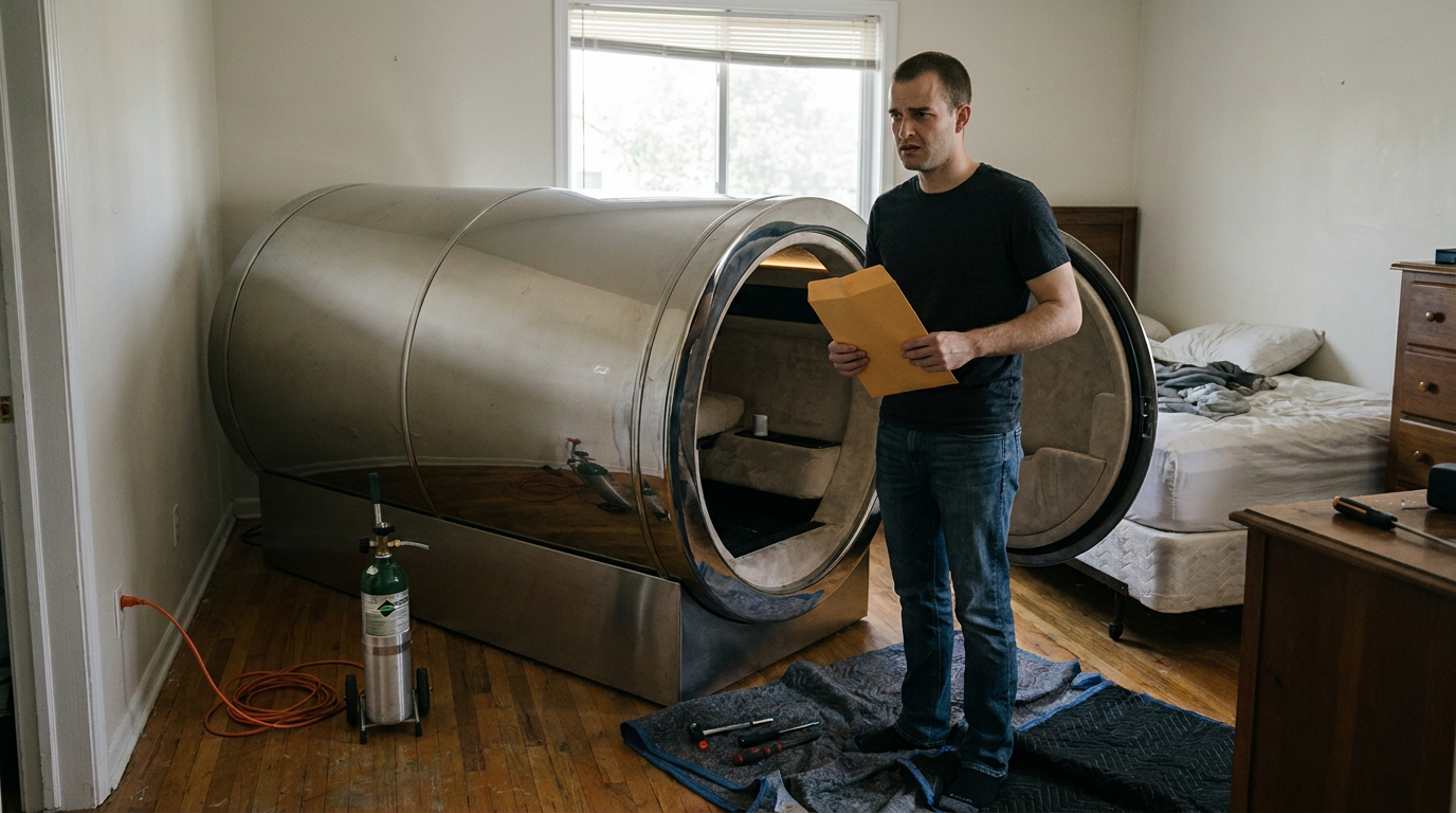 Doug stands beside a closed luxury sleep pod in an apartment, holding a financing statement while emergency equipment waits nearby.