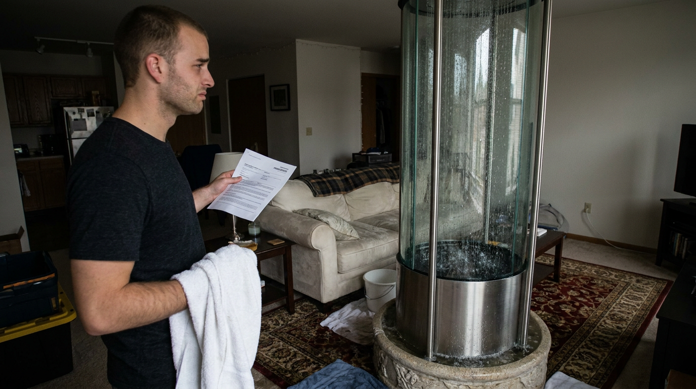 Doug stands in a wet apartment beside an unbranded personal rain machine with towels on the floor.