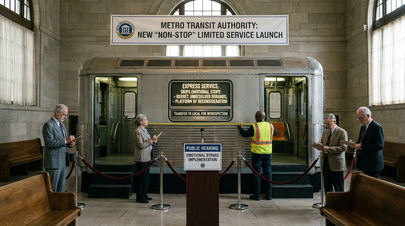 A sleek train passes a dimly lit station where calm attendants stand beside labeled benches.